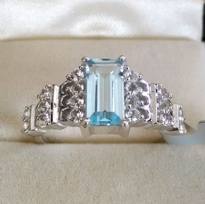 Big Blue topaz Baguette with white topaz ring
