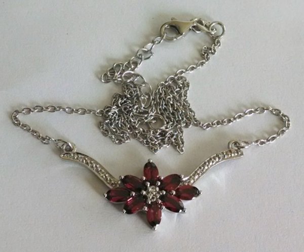 Garnet, white topaz flower necklace