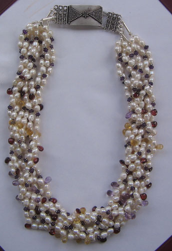 Pearl,amethyst,citrine & garnet bead necklace.